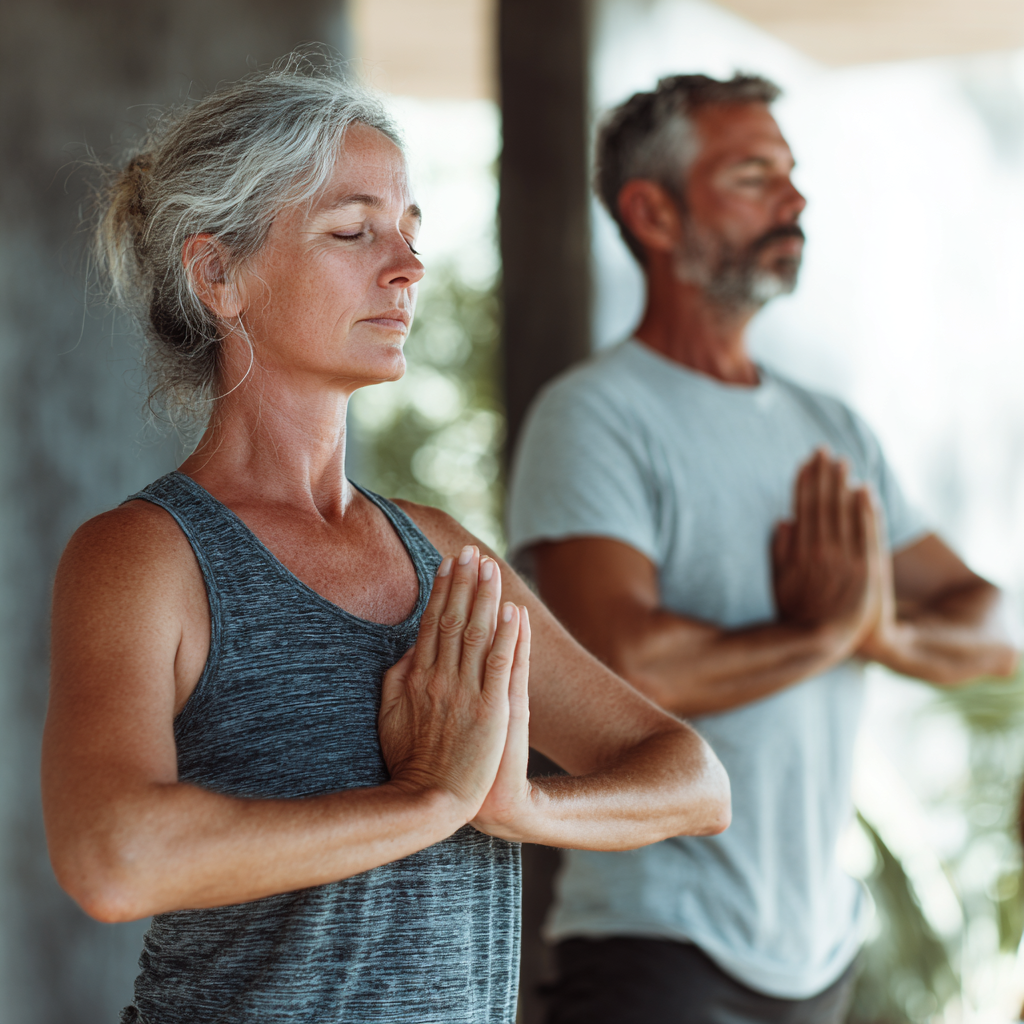 mature adults practicing peaceful yoga poses in natural light